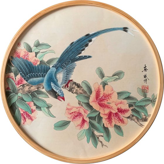 Blue Magpie, Original Gongbi Brush Painting