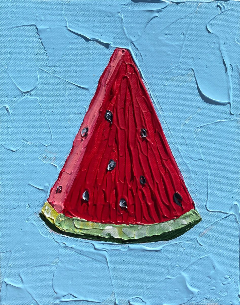 Impressionistic Still Life Acrylic Painting By Guzaliya Xavier, 8 X 10, Watermelon Slice (Blue), Original Artwork