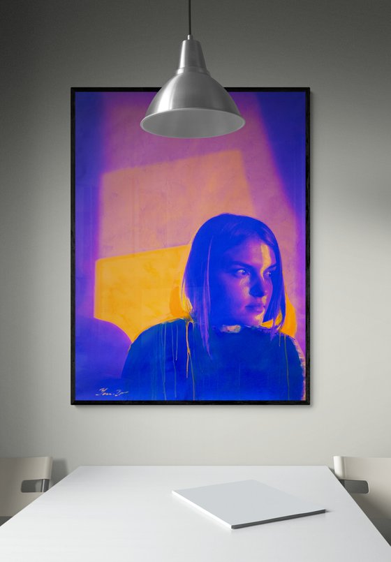 Bright painting - "Blue-orange girl" - Pop Art - Portrait - Neon art - 130x100cm