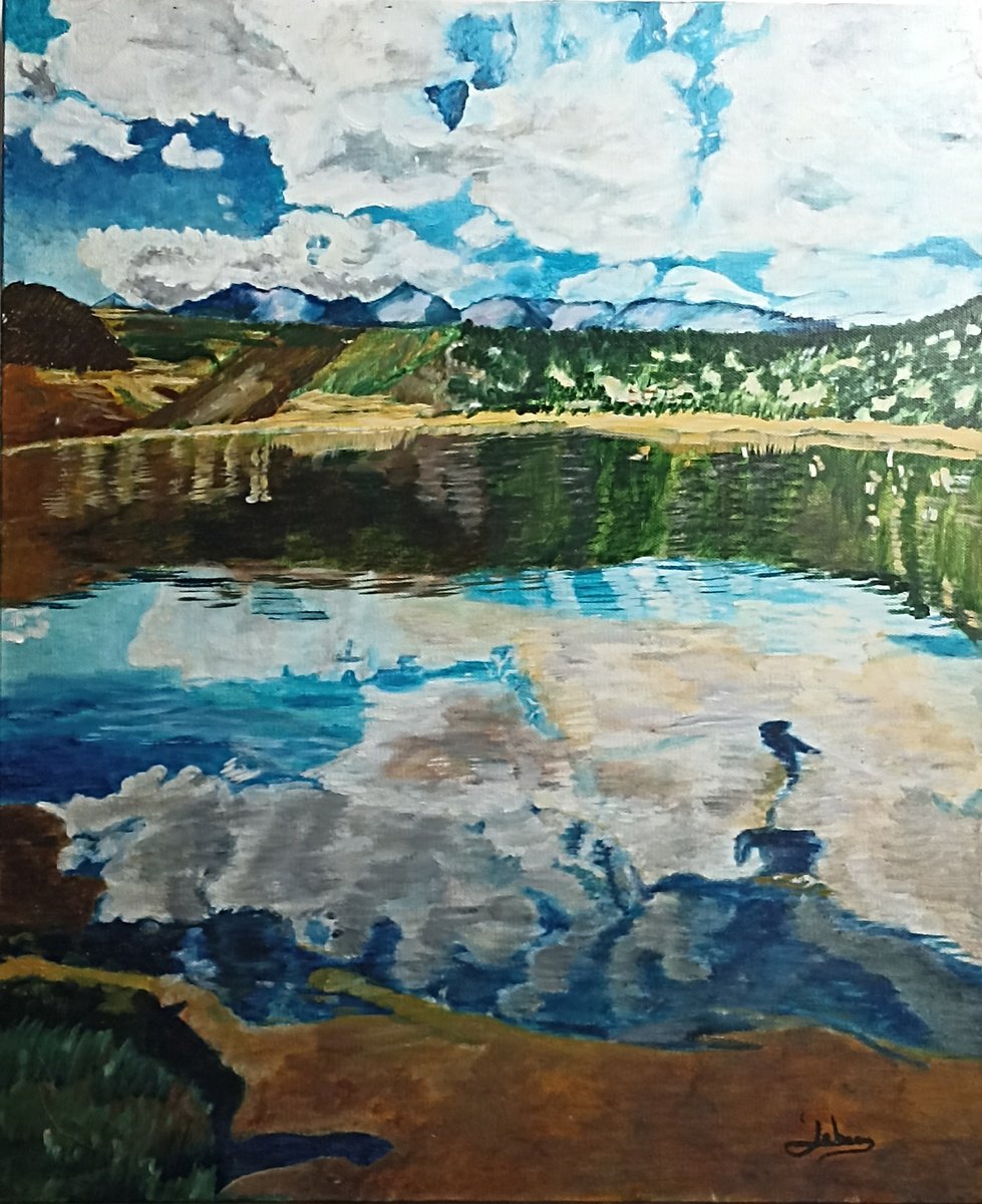 Impressionistic Landscape Oil Painting By Isabelle Lucas, 20 X 24, Reflect Mountain, Original Artwork