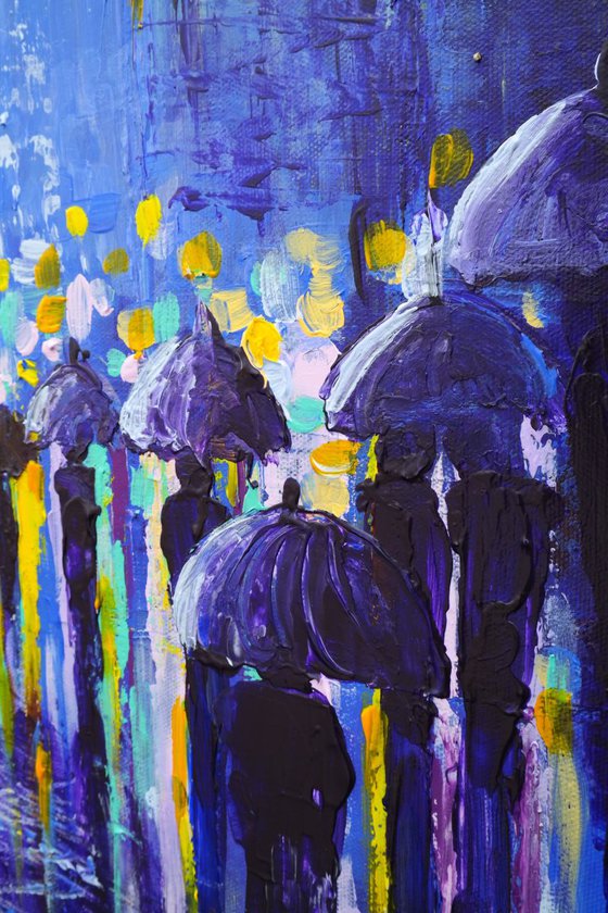 Rainy Streets - Rain Street Umbrellas Palette Knife Painting   Gift Home Decor