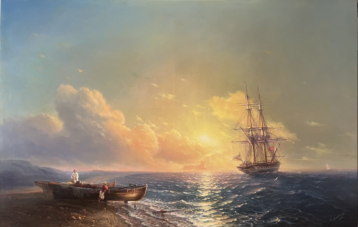 Impressionistic Landscape Oil Painting By Samvel Atasunc, 61 X 39", Fishermen By The Sea, Original Artwork