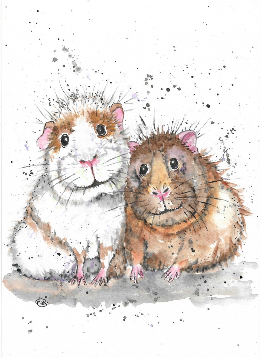 Impressionistic Animal Painting By Marjansart, 8 X 12", Guinea Pig Friends Together, Original Artwork