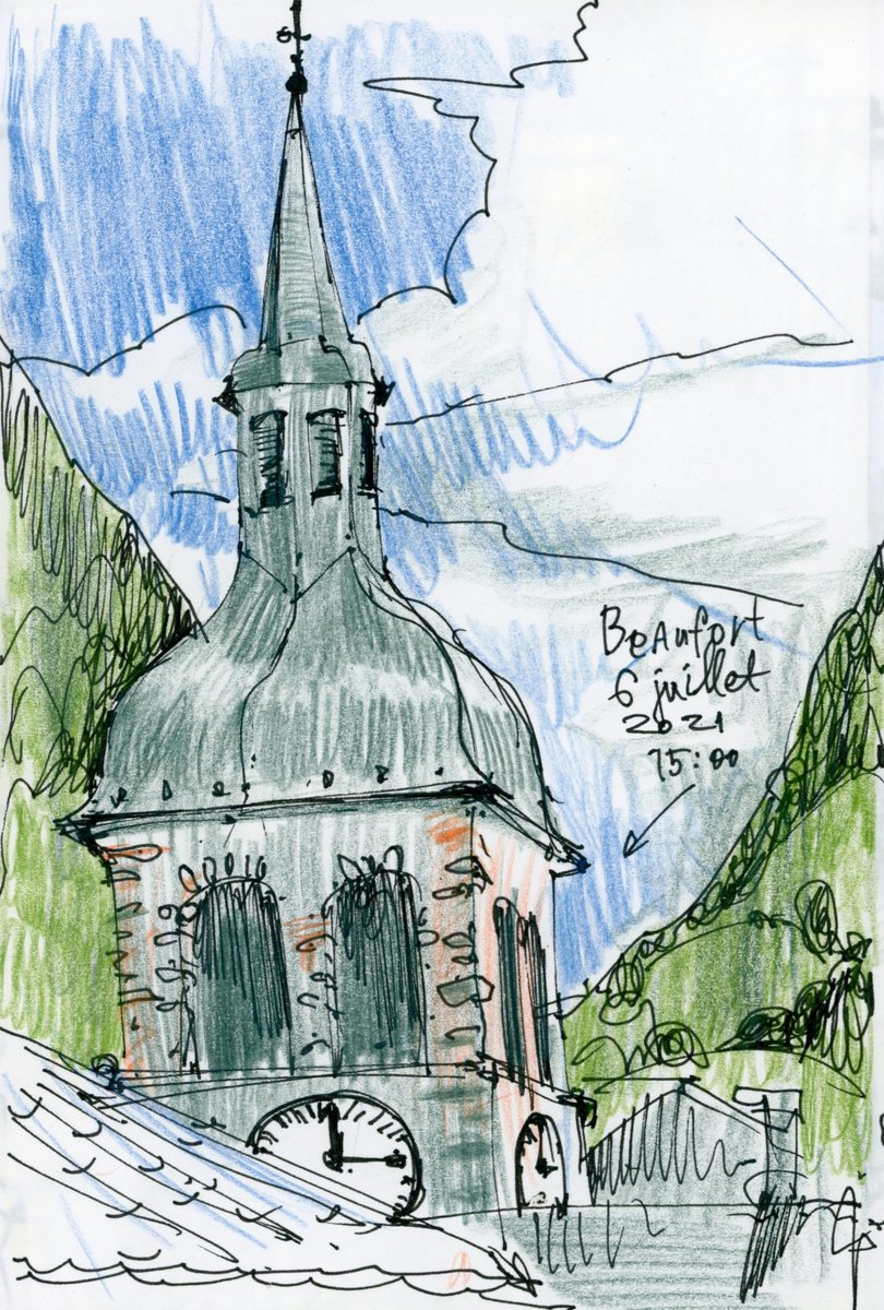 Sketch with small alpine village. Beaufort, France. by Tatyana Tokareva