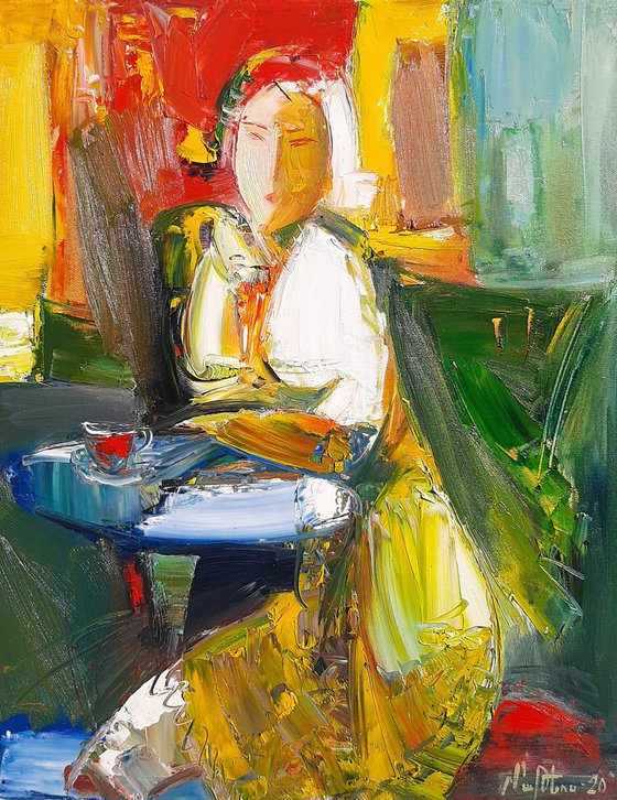 In the cafe 45x55cm ,oil/canvas, abstract portrait