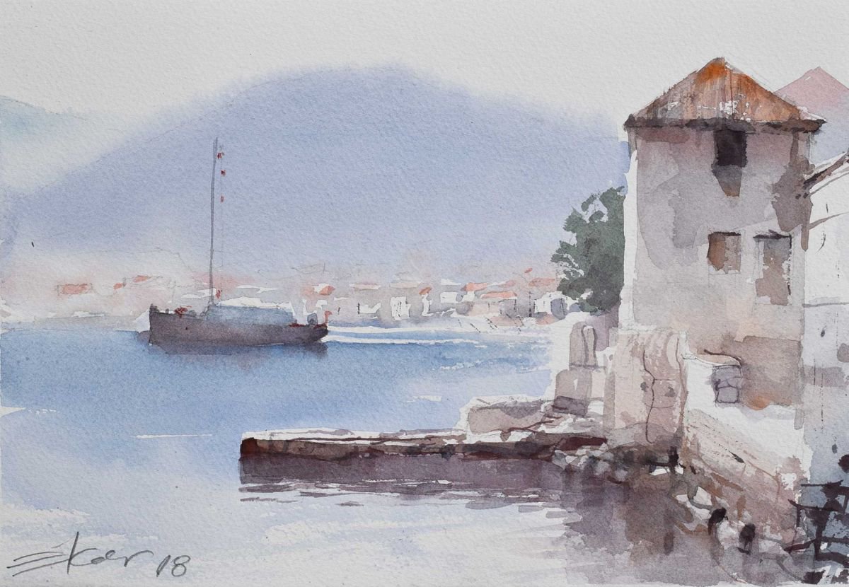 Adriatic scene with old house by Goran Zigolic Watercolors