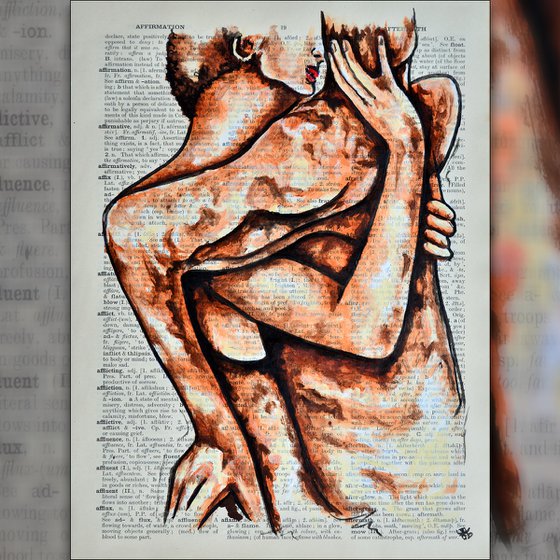 Lovers - Together Forever - Original Painting Collage Art On Large Real English Dictionary Vintage Book Page