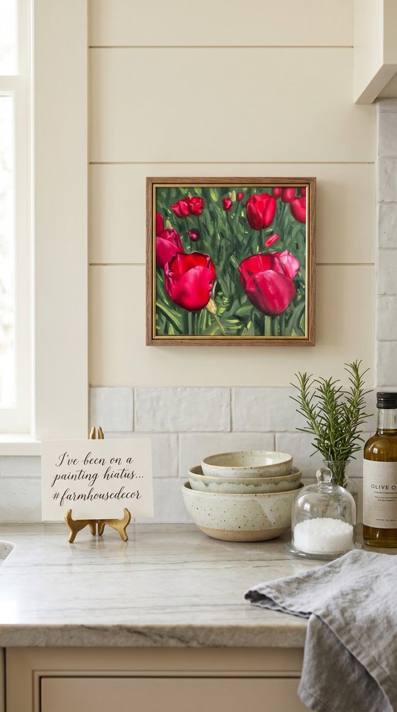Hyperrealistic Red Tulips on Gesso Board