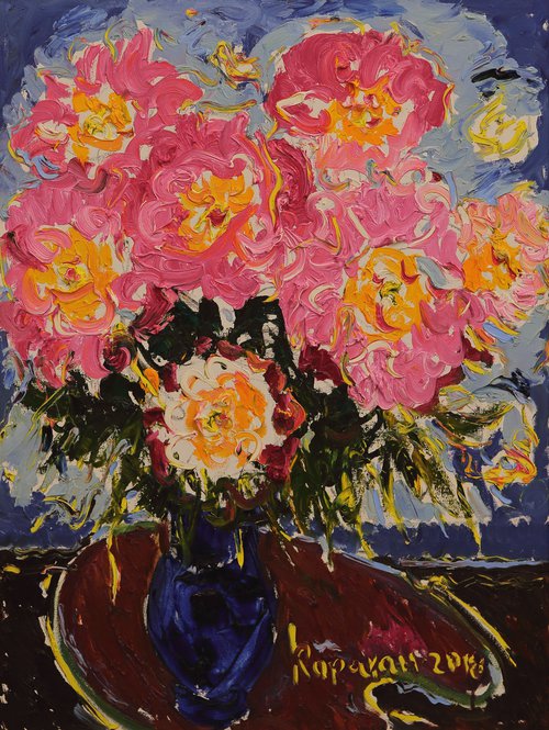 PEONIES IN A BLUE VASE - Floral art, original oil painting, still-life with flowers, bouquet of flowers, peony, red pink blue, impressionist, interior art home office decor, gift 80x60 by Karakhan