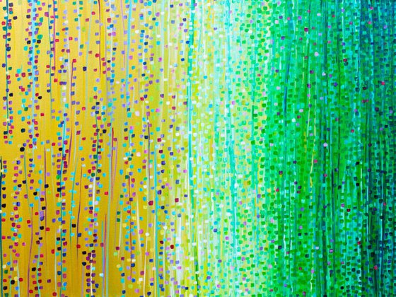 Spring Meadow - Gold & Green Abstract Impressionist Painting by Louise Mead