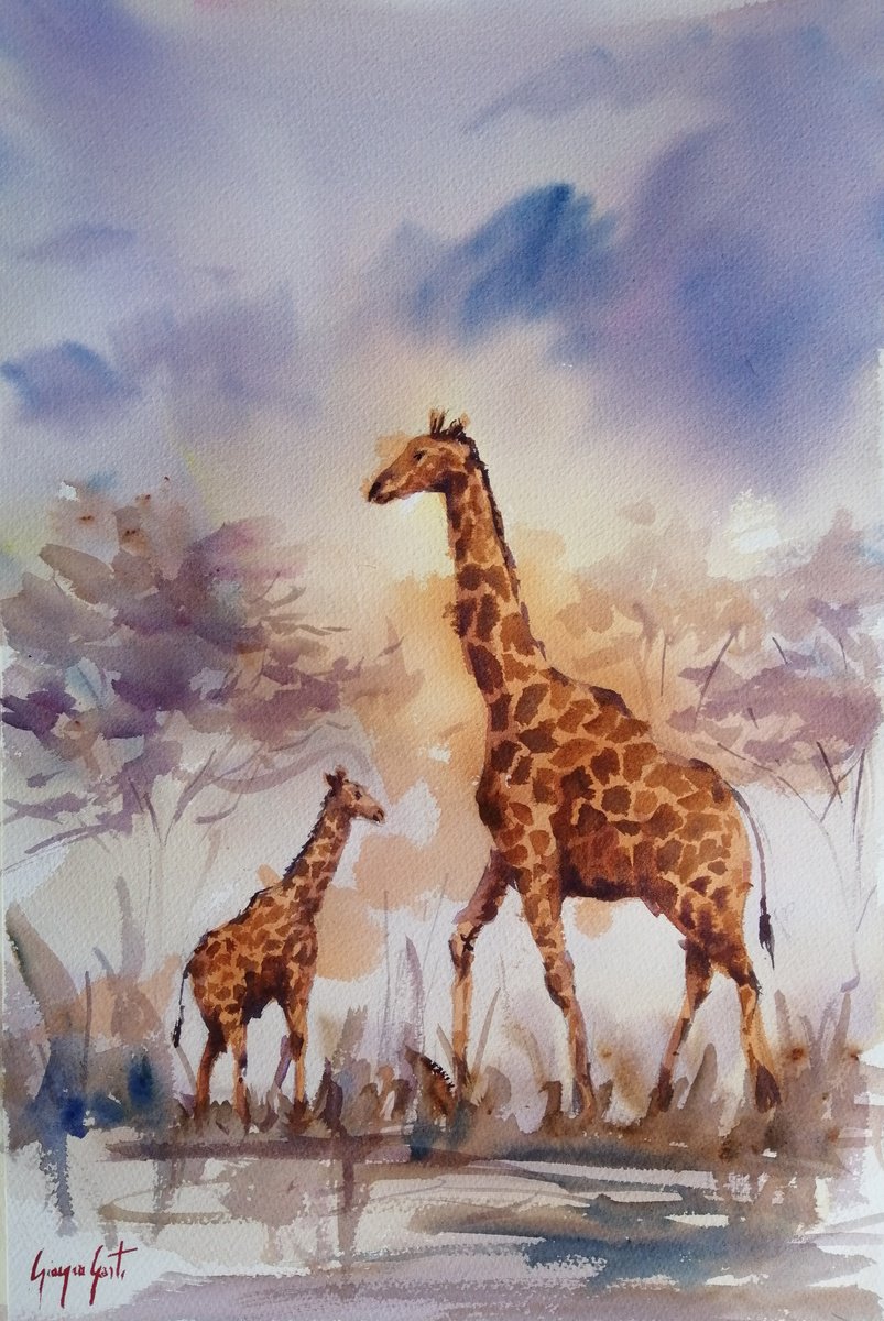 Impressionistic Watercolour , Giraffes 7 By Giorgio Gosti, 14 X 21, Artwork For Sale On Artfinder