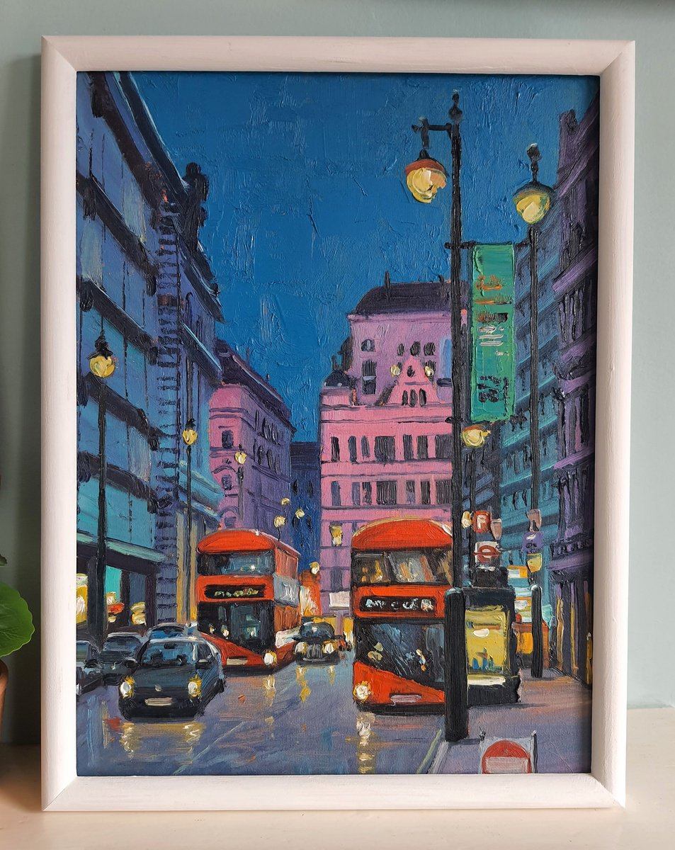 Impressionistic Landscape Oil Painting By Roberto Ponte, 13 X 17", Haymarket Nocturne London, Original Artwork