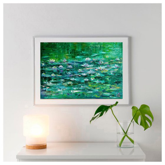 Nympheas 3, Pond Water Lily Painting Original Art Lotus Pond Landscape Artwork Floral Wall Art, 40x30 cm, ready to hang.