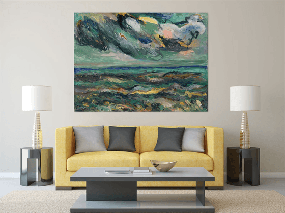 THUNDERSTORM OVER THE SEA - landscape art, seascape, nature, sky water waves , blue, large size original oil painting
