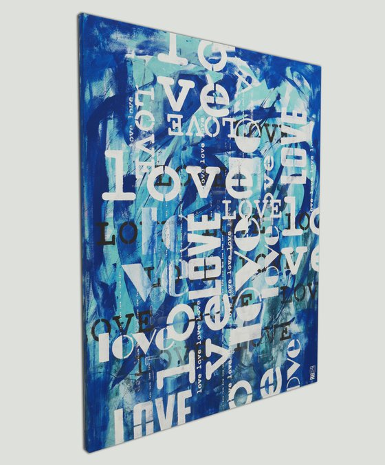 LOVE in blue - love letters - Typographic artwork - 90x115 cm - Ronald Hunter - 13D