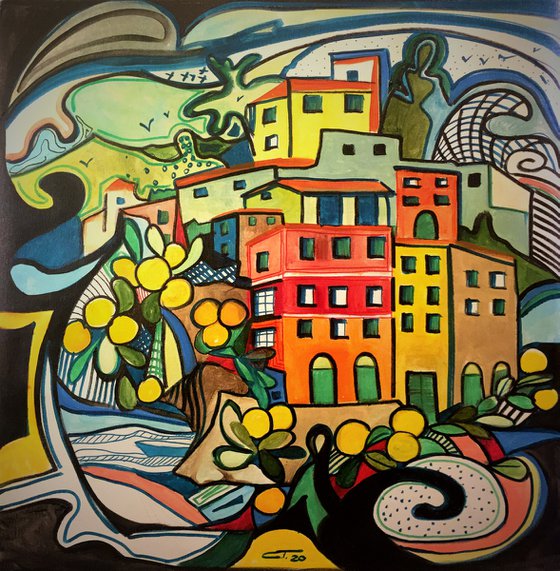 Riomaggiore from Lemon tree- original acrylic on canvas - 60 x 60 ccm / 24' x 24' inches