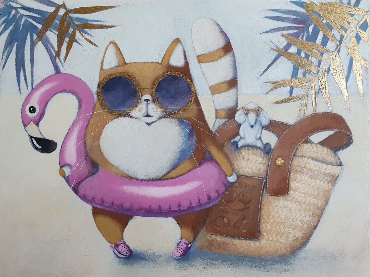 Illustrative Animal Acrylic Painting By Olesya Izmaylova, 19 X 14", Summer Vibes, Original Artwork