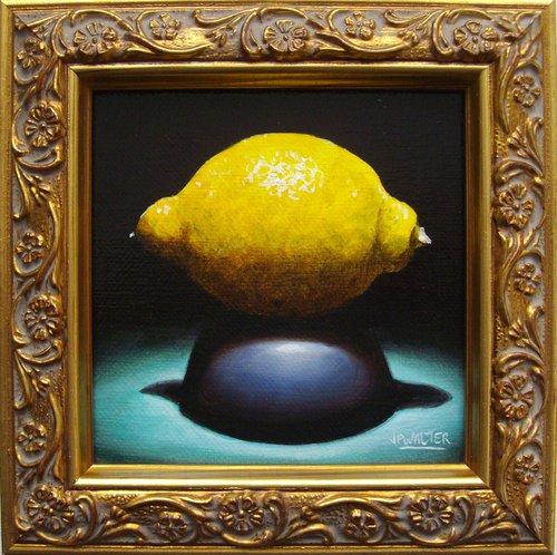 Lemon on piedestal, still life in chiaroscuro framed, 10x10 cm by Jean-Pierre Walter
