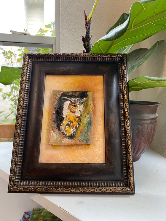 Hiding Owl Original Oil painting 5x7 on gessoed panel board