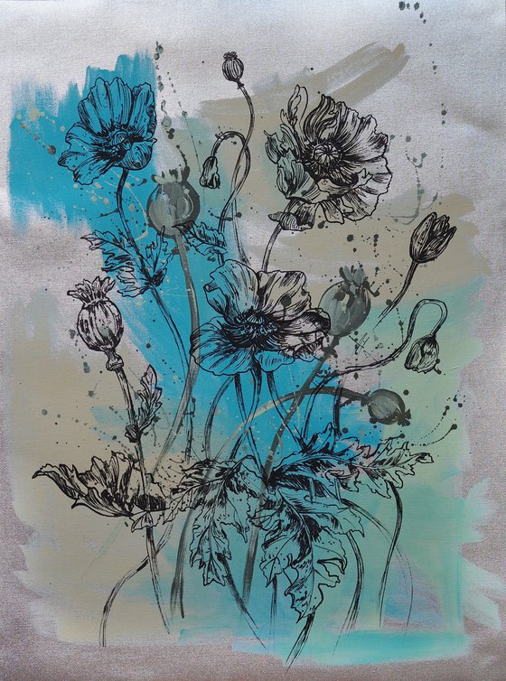 Poppies on silver