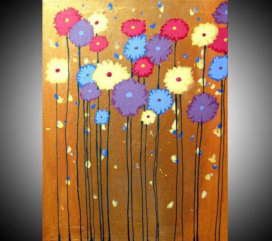 flower gold multi "Flowers on Gold" colour original abstract floral painting art canvas - 18 x 24 "