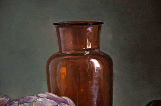 Still life with artichoke en medical glass (Original Oil Painting)