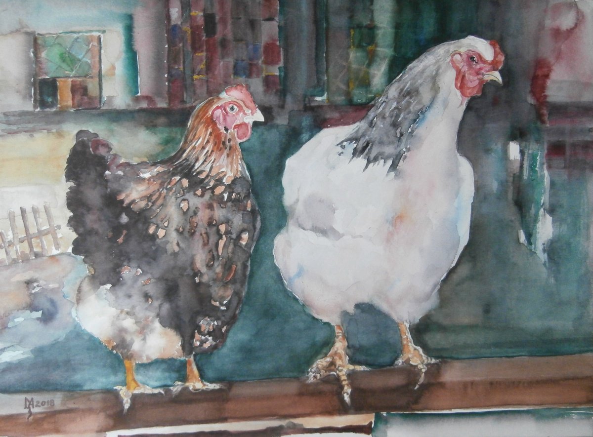 Impressionistic Animal Watercolour By Zoran Mihajlovic Muza, 17 X 13", Two Ladies, Original Artwork