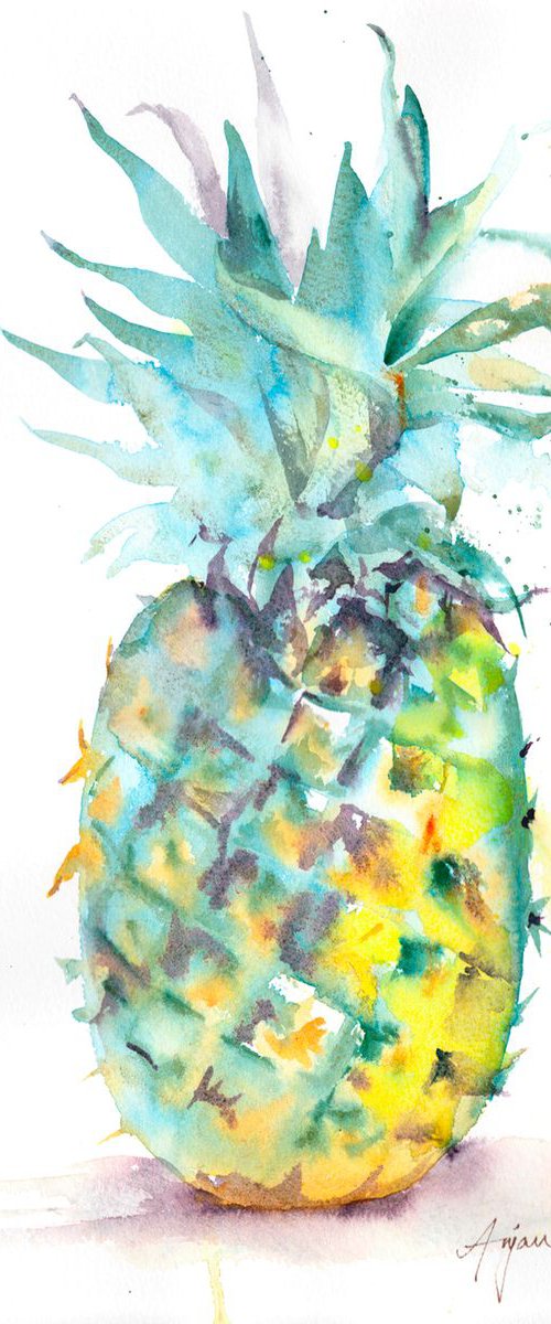 Pineapple painting, Pineapple watercolour, Summer fruit, Fresh zingy wall art, Kitchen art, Tropical art by Anjana Cawdell