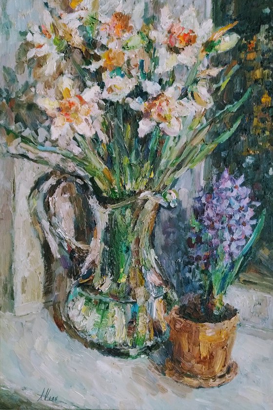Hyacinth and daffodils. Original oil painting.