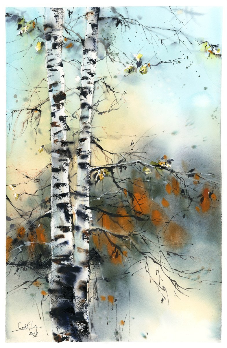 Impressionistic Landscape Watercolour By Sophie Rodionov, 15 X 22", Birch Trees, Original Artwork