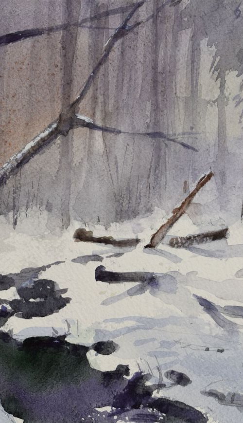 Snowscape with logs by Goran Žigolić Watercolors