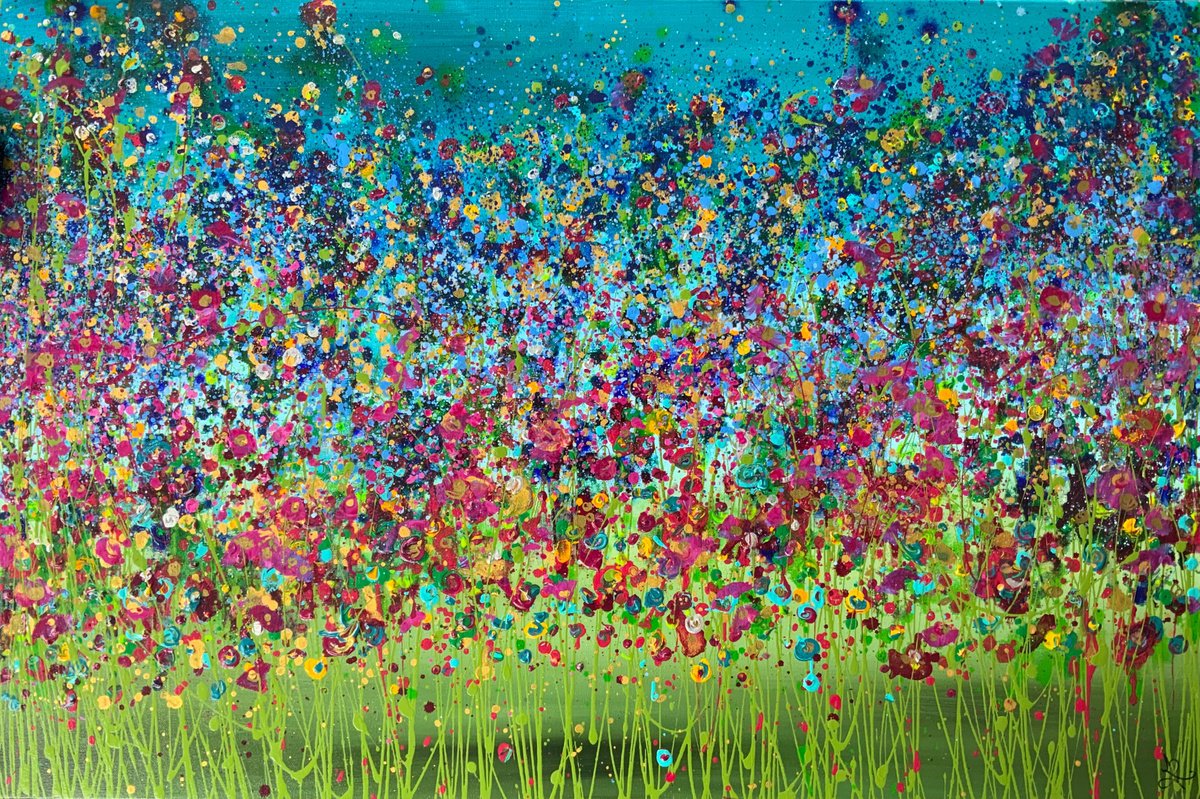 Organic Botanical Acrylic Painting By Jan Rogers, 36 X 24, Magenta Meadow, Original Artwork