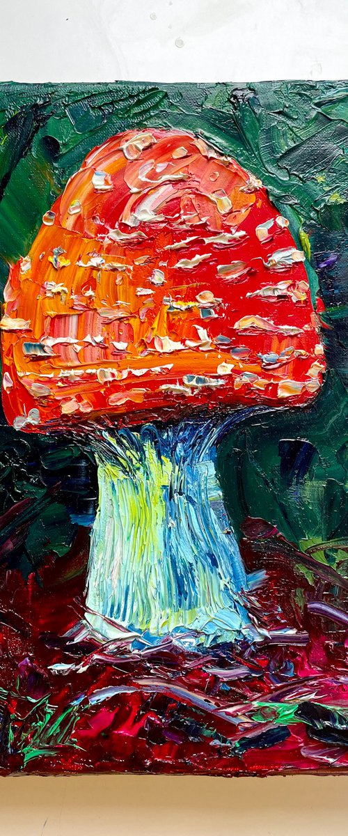 Mushroom Original Oil Painting on Canvas, Amanita Textured Wall Art, Fungi Artwork, Cottagecore Decor by Kate Grishakova