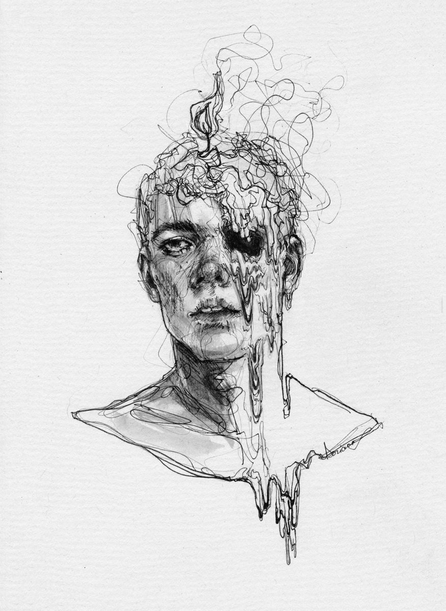 Expressive Portrait Ink Drawing By Doriana Popa, 8 X 11, Extinct, Original Artwork