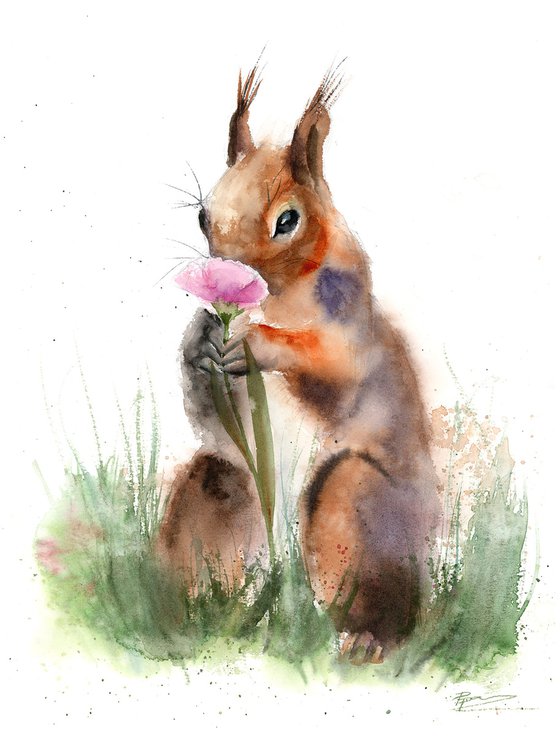 Squirrel Sniffing Flower