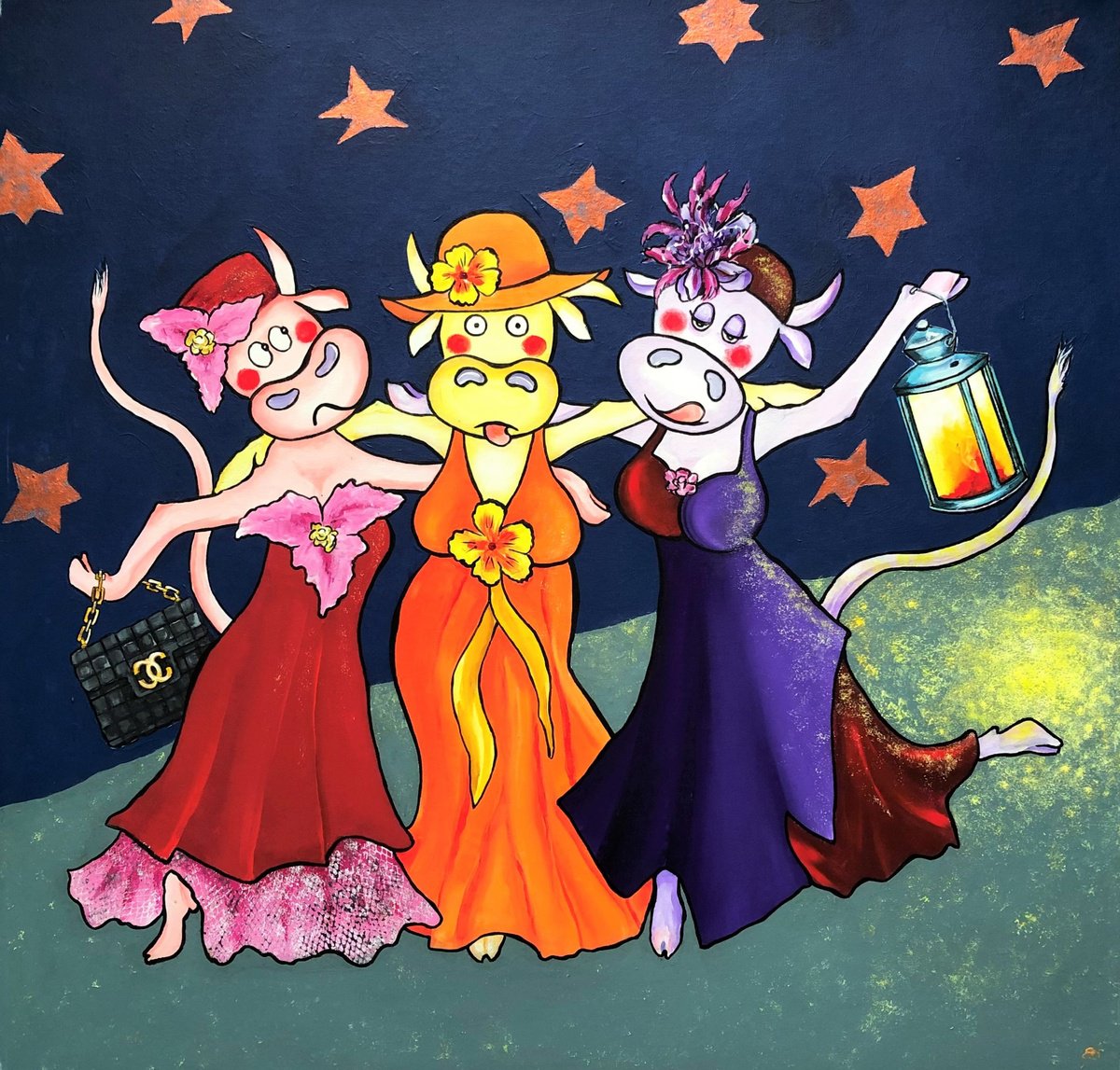 Expressive Animal Acrylic Painting By Lena Smirnova, 37 X 36", A Wild Night Out, Original Artwork