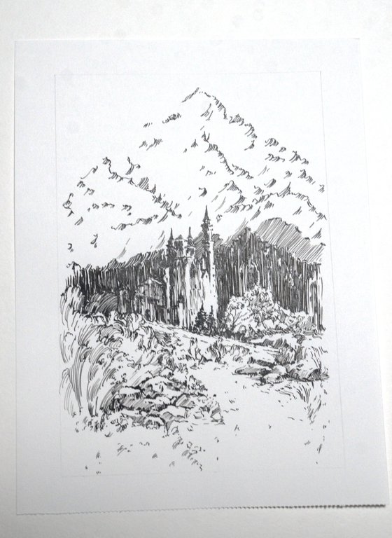 Castle in the mountains Black on white drawing