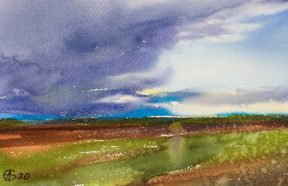 View from the train window series. Salamanca landscape. Original watercolor. Small watercolor natural sky clouds landscape