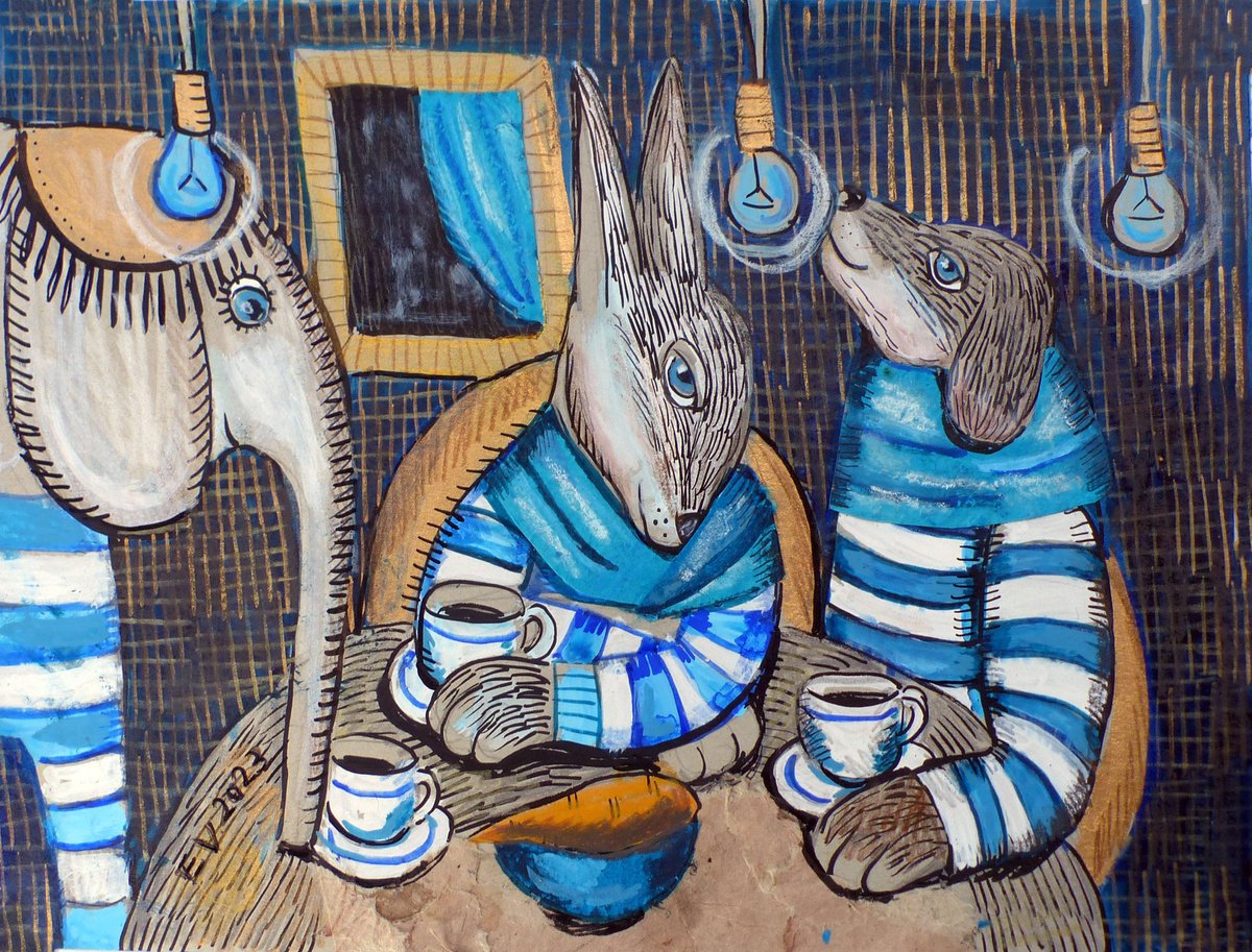 Surrealistic Animal Painting By Elizabeth Vlasova, 12 X 9, Evening Tea, Original Artwork