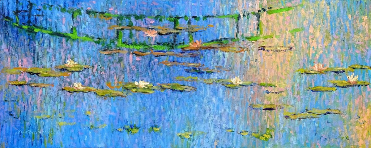 Impressionistic Landscape Oil Painting By Richard Mierniczak, 34 X 14", Nenuphars 7., Original Artwork