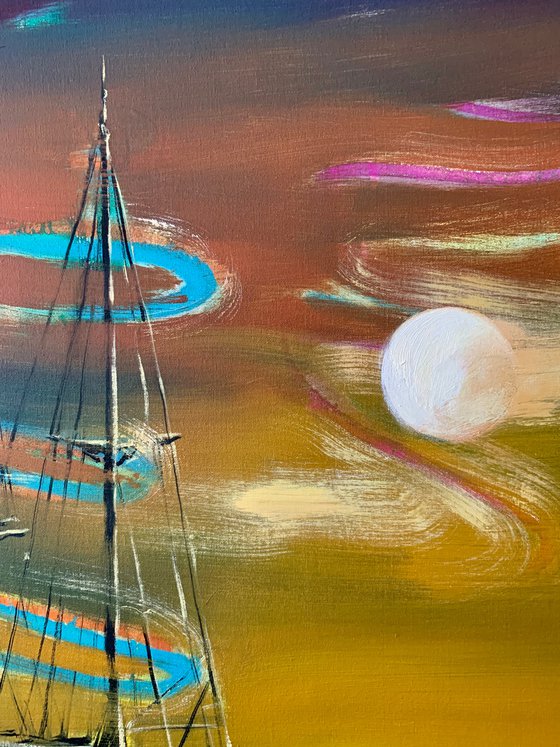 Big Vertical painting - "Orange sunset" - Boat - Sailboat - Seascape - Ocean - Sunset