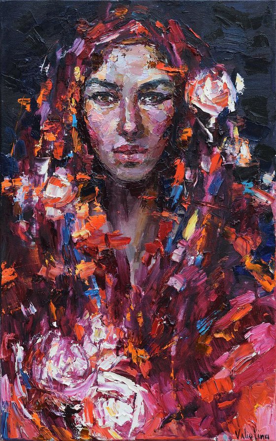 Russian girl in the red headscarf Original portrait painting on canvas 50 x 80 cm Palette knife