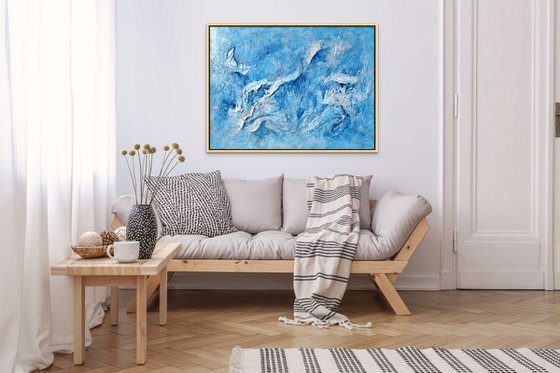 SEAFOAM BEAUTY. Large Abstract Blue White Textured Painting