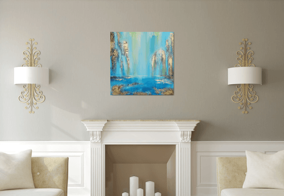 A large modern structured semi-abstract mixed-media painting "Waterfall"