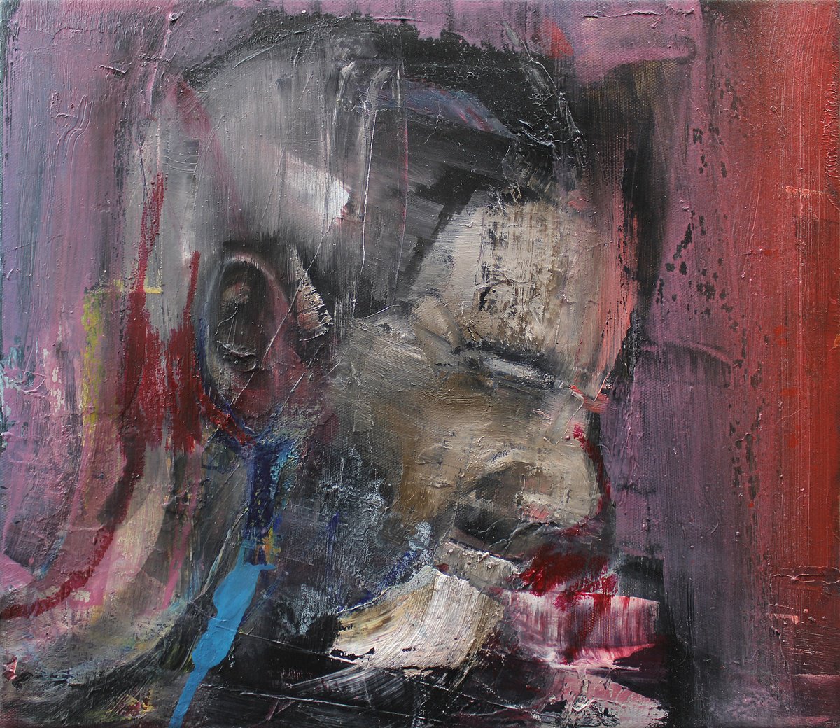 Expressive Portrait Oil Painting By Milos Hronec, 14 X 12", Disgusting Pleasure, Original Artwork