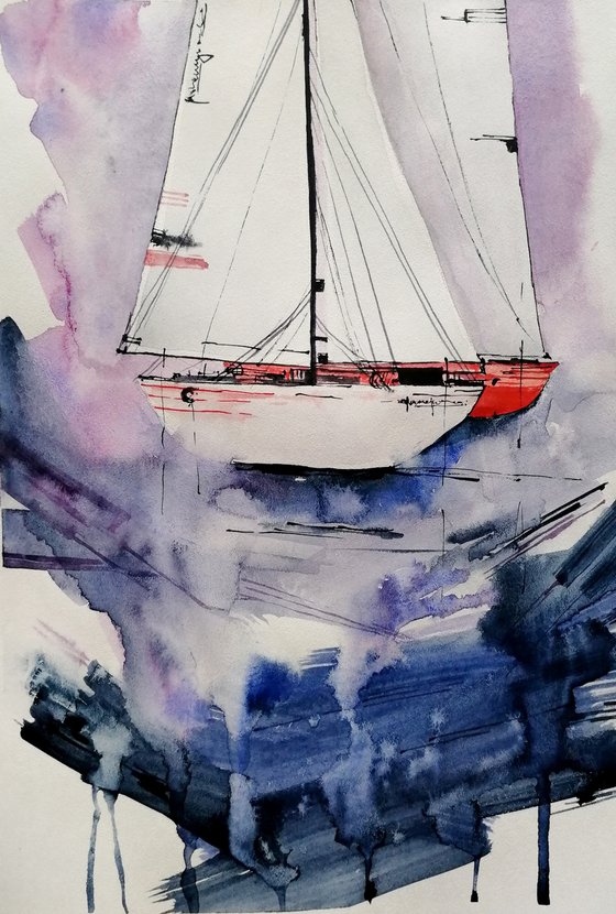 Sailboat painting. Seascape