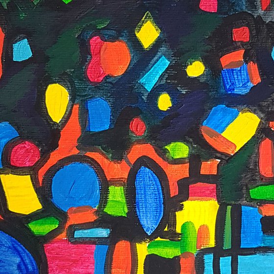 "Night city life". Abstract Acrylic Painting on Paper. Abstract Art.