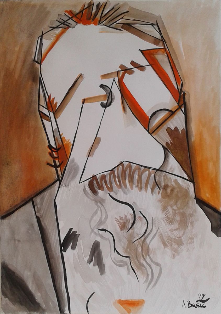 Geometric Portrait Painting By Aleksandar Basic, 12 X 17, Francois Auguste Rene Rodin, Original Artwork