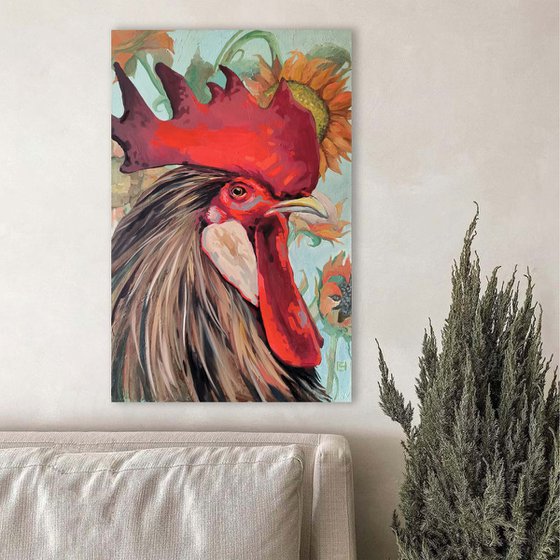 Rooster in sunflowers