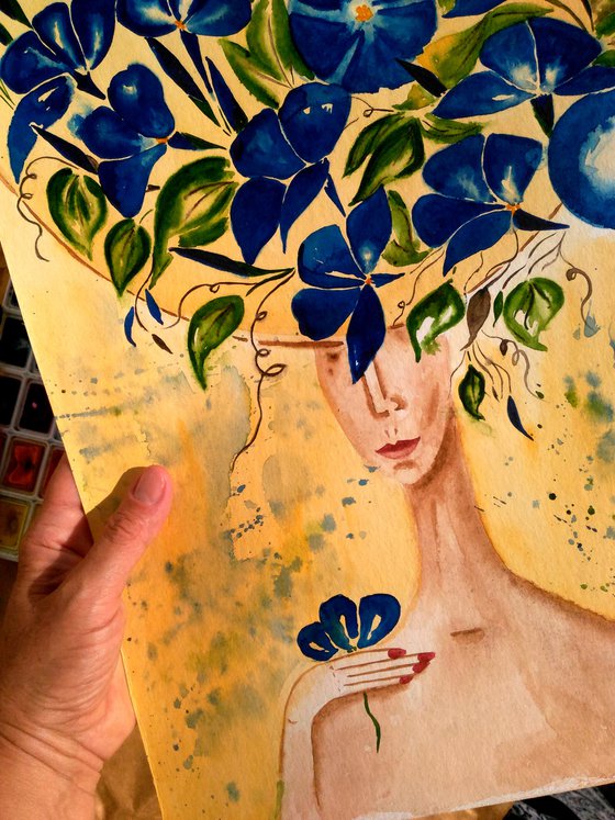 Faceless Painting Woman Original Art Female Portrait Small Watercolor Girl with Blue Flowers Hat Artwork Home Wall Art 12 by 17" by Halyna Kirichenko